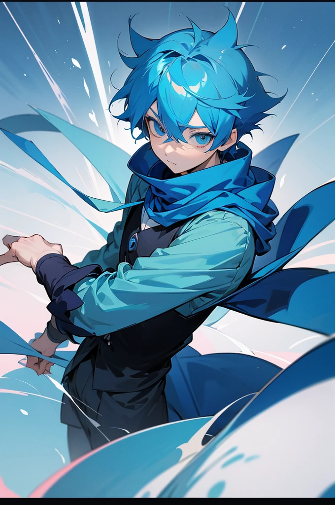 Anime boy with blue hair and blue scarf looking at the camera, Boy Anime, 2 d anime style, zerochan art, tall anime guy with blue eyes, anime moe artstyle, sad cerulean eyes, zerochan, 4K anime-style, shining blue eyes, ((cerulean)), inspired by Okumura Masanobu, high quality anime artstyle