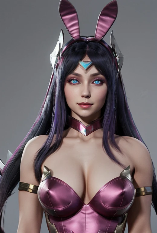 1girl, long hair, purple hair, ((blue eyes)), solo, Irelia, lips, looking at viewer with a coy smile, bunny girl, fake rabbit ears,rabbit tail, magenta leotard, detached collar, magenta bow, bare shoulders, black pantyhose, metallic armlets, armor, metallic boots
