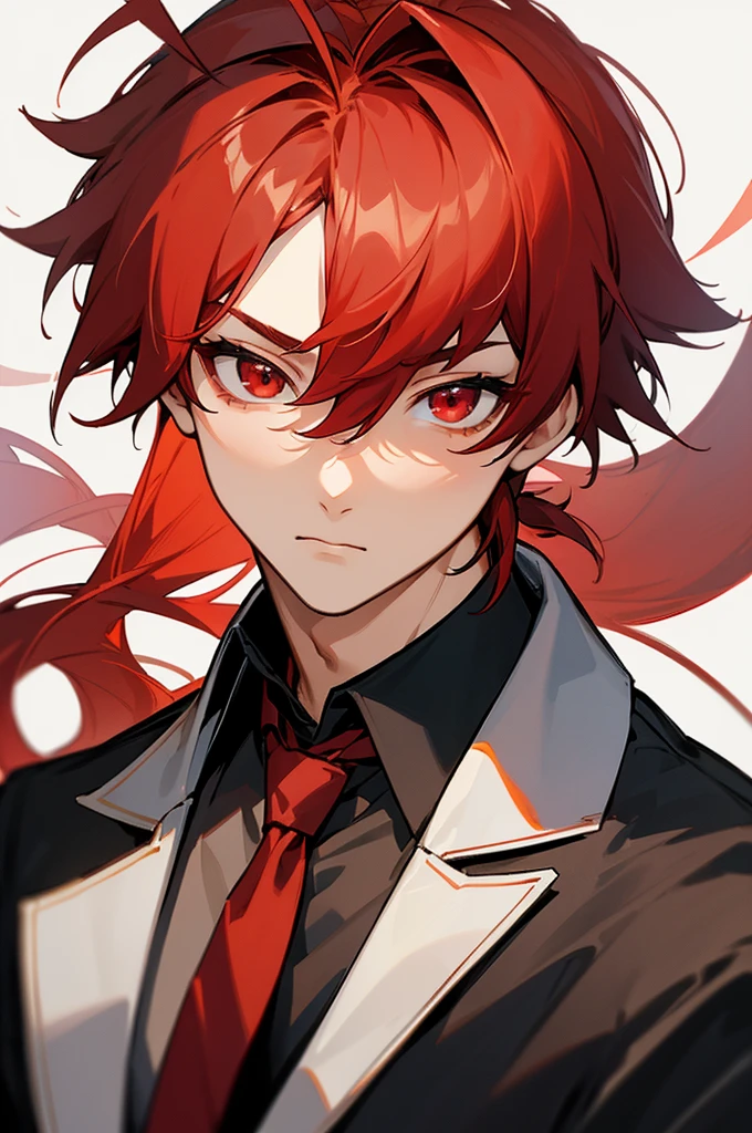 masterpiece, best quality, diluc (genshin impact), 1boy, male focus, red hair, red eyes, long hair, solo, simple background, white background, hair between eyes, bangs, closed mouth, ponytail, sparkle, looking at viewer, antenna hair, cropped shoulders, shirt, jacket, portrait, black shirt, necktie, collared shirt