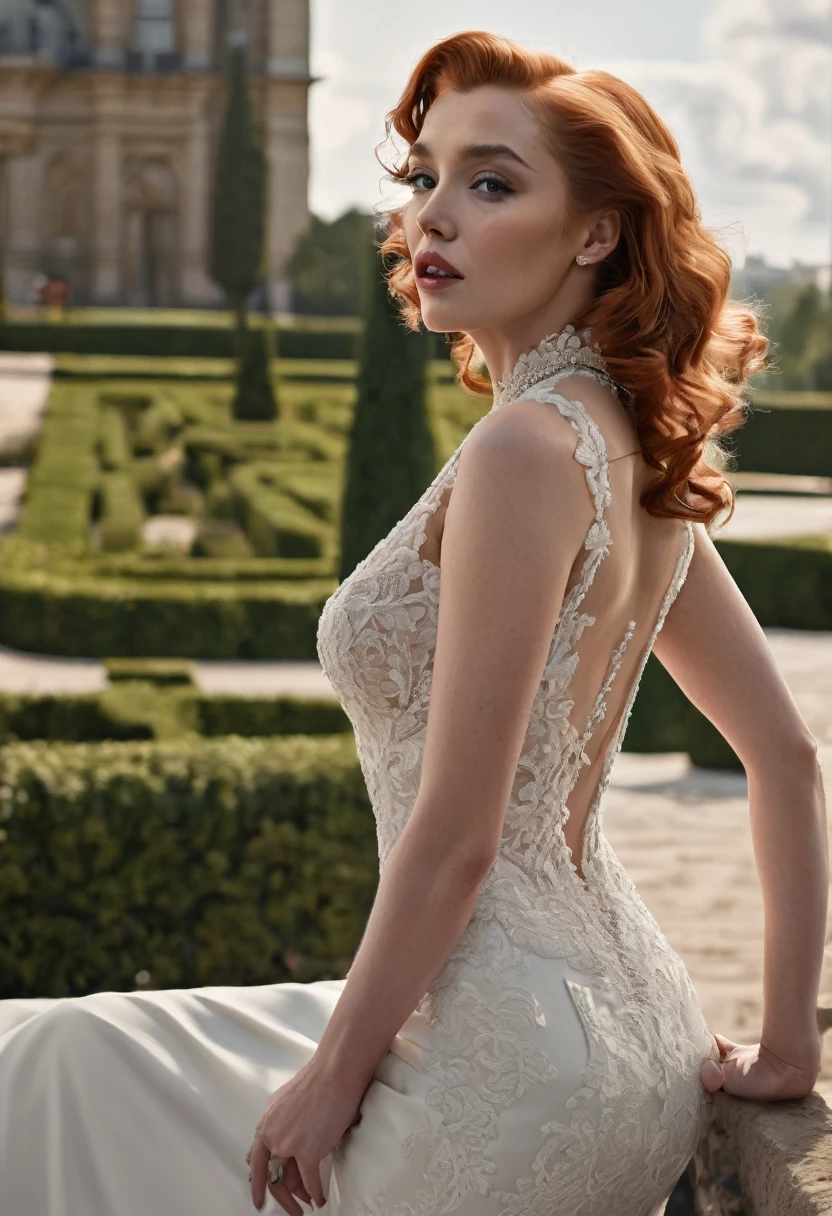 marilyn monroe, elizabeth olsen, redhead, auburn hair, full body image, full body view, green eyes, black lace, queen anne white wedding dress, choker, heels, tattoos on left arm, standing in a paris, detailed, perfect face, detailed pupils, perfect anatomy, sharp focus, insanely detailed, realistic, detailed, sharp, feminine, fine and precise, delicate lines, complex cinematography, sharp focus, dynamic posture, highly detailed, high quality, detailed face, detailed eyes, insanely detailed, 32k, studio cinematic lighting, crisp focus, graininess, feeling of passion, ideal body proportions