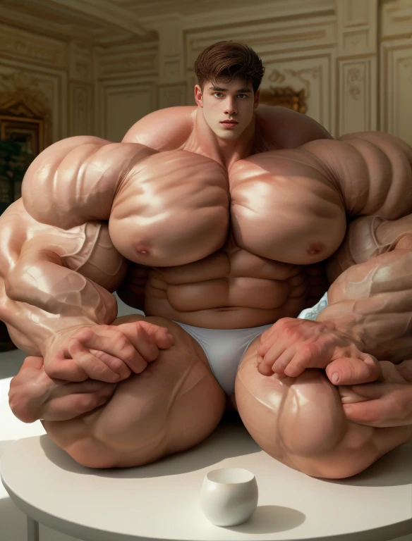 1boy, giant, alone, giant bodybuilder, illuminating light, strong body, bulk, large size, sit on table in white room photo studio, indoor, nude, white triangular underwear, massive bulge, extraordinary big, brutalmass, giant muscular body, bulk, buff, massive body, large meaty body size, extremely wide body,