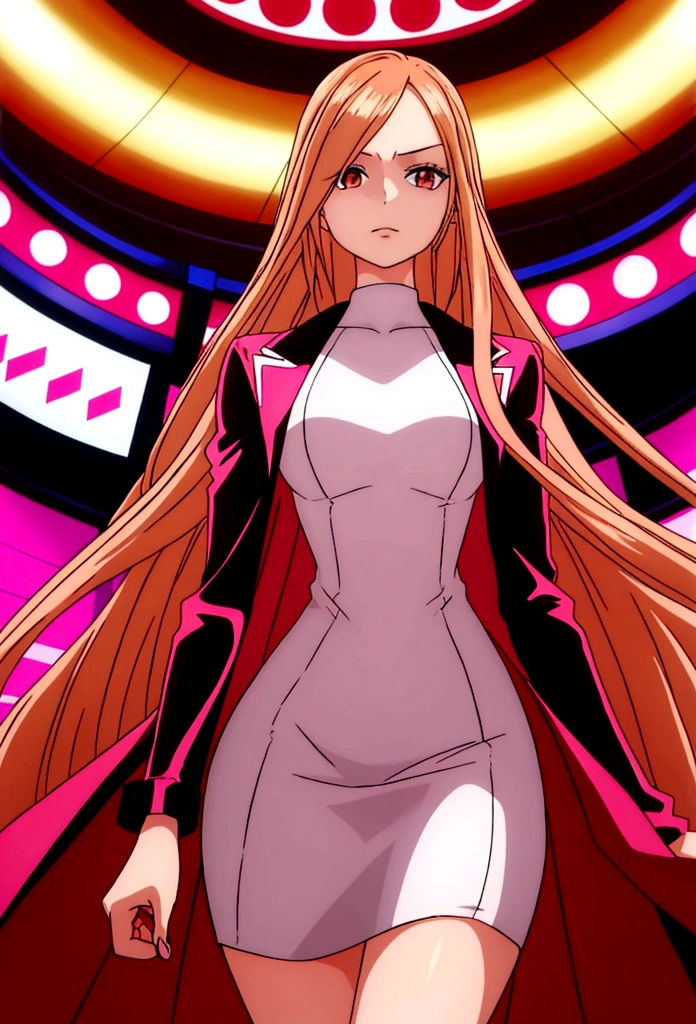 young woman, PINK long hair, light brown eyes, wearing a short bodycon dress and a black coat in a casino