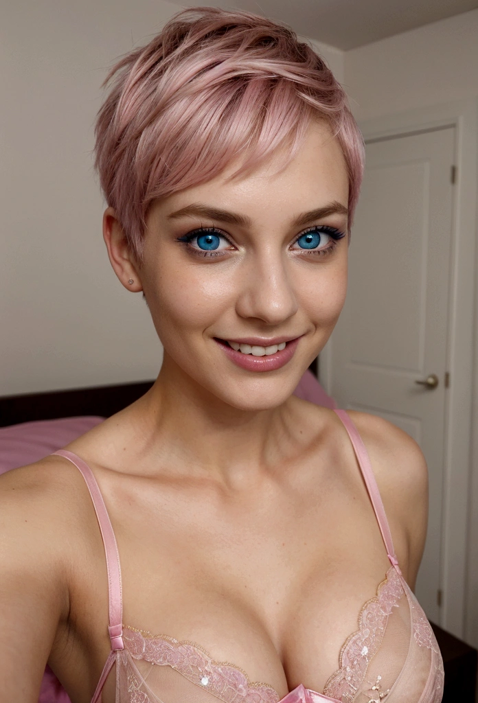 woman fully , smiling sexy girl with blue eyes, ultra realistic, meticulously detailed, pixie cut pink hair, selfie of a young woman, bedroom , natural makeup, sexy pink lingerie , looking directly at the camera, face with artgram, stunning full body .laying in bed large size bust; luxury room