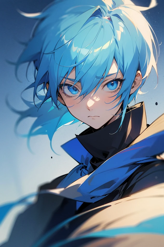 Anime boy with blue hair and blue scarf looking at the camera, Boy Anime, 2 d anime style, zerochan art, tall anime guy with blue eyes, anime moe artstyle, sad cerulean eyes, zerochan, 4K anime-style, shining blue eyes, ((cerulean)), inspired by Okumura Masanobu, high quality anime artstyle
