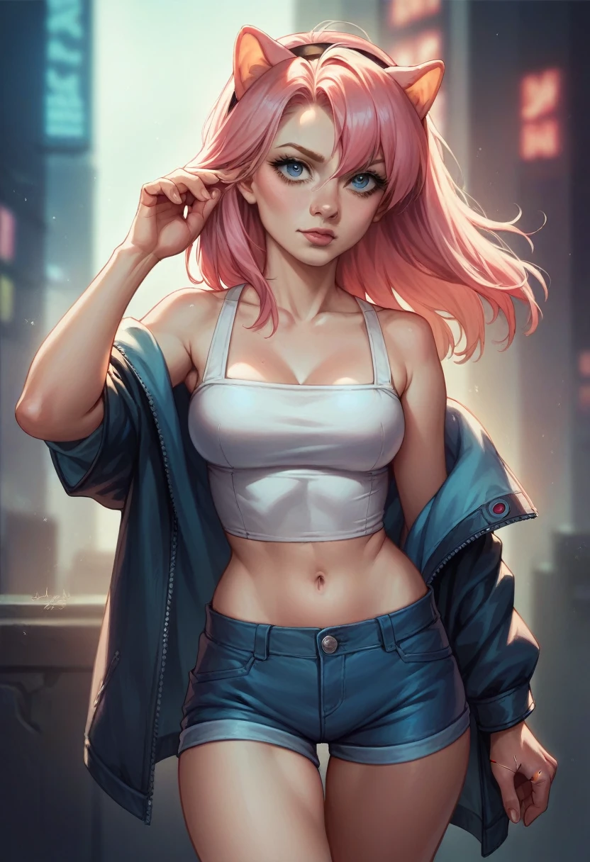 A 23-year-old girl with the face of Amy Lee, blue eyes, cyberpunk style, hyperrealistic, micho detail, with short shorts