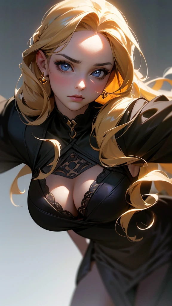 A beautiful woman with golden braided hair, wearing a black dress, with detailed and realistic golden colored eyes, extremely detailed and realistic face, huge breasts, (best quality,4k,8k,highres,masterpiece:1.2),ultra-detailed,(realistic,photorealistic,photo-realistic:1.37),detailed jewelry,dramatic lighting,dark moody atmosphere,cinematic composition,intricate fashion design,chiaroscuro lighting,dramatic pose