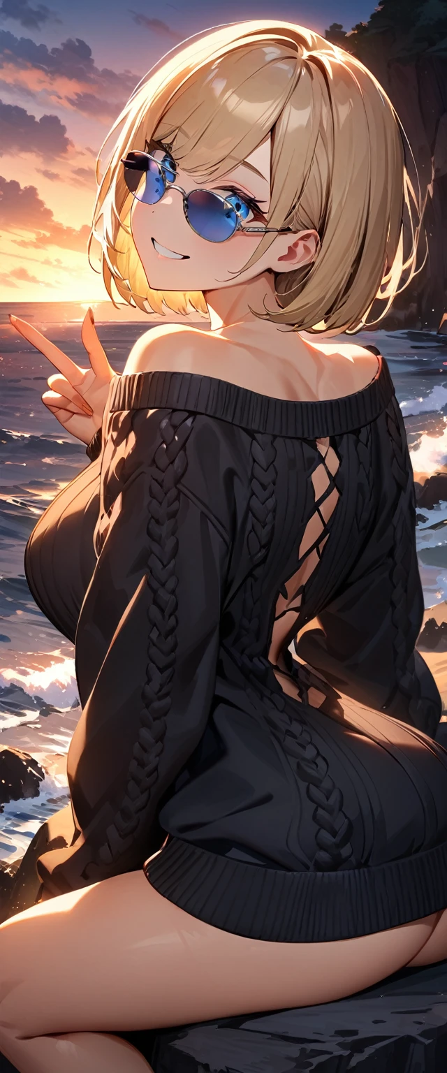 (((One girl))), (((looking back:1.3))), sea, beach, Sunset, evening, ((Sitting on a cliff)), (((from behind))), (((Bare legs))), ((aran sweater)), peace fingers, blond hair, ((sunglasses, hand to sunglasses)), (bob cut:1.3)), breasts, cleavage, (cowboy shot), standard body, (looking at viewer), oversized clothes, puffy long sleeves, collarbone, ((off-shoulder sweater dress:1.3, Quite thick shoulder straps)), (((sleeves past wrists:1.3))), ((black sweater)), ager, head tilt:1.3, (((blue eye))), ((happy smile)), (((anime style))), (best quality, 4K, 8K, highres, masterpiece:1.2, ultra-detailed, ultra-detailed eyes, HDR, uhd, studio lighting, ultra-fine painting, sharp focus, physically-based rendering, extreme detail description, professional, vivid colors, bokeh), ((Highest quality, Best image quality, Ultra-high resolution, Ultra-high resolution, solo, Strong eye highlights)), Depth of written boundary, Natural soft light, attractive, Beautiful Face, Cleanliness, Pure Face, Nedium chest, Beautiful Face, Perfect Fingers, Perfect hands, Perfect body, Perfect Face, Shine a light into your eyes, Perfect Anatomy