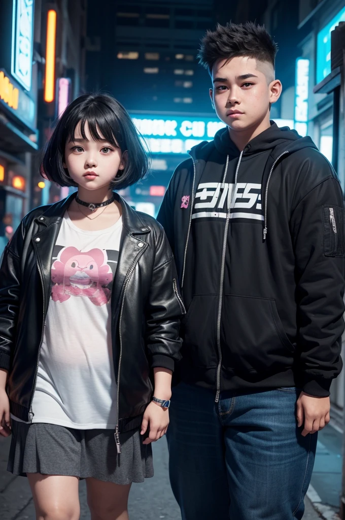 Young girl and boy, in animation style, chubby girl on cyberpunk boy&#39;s lap