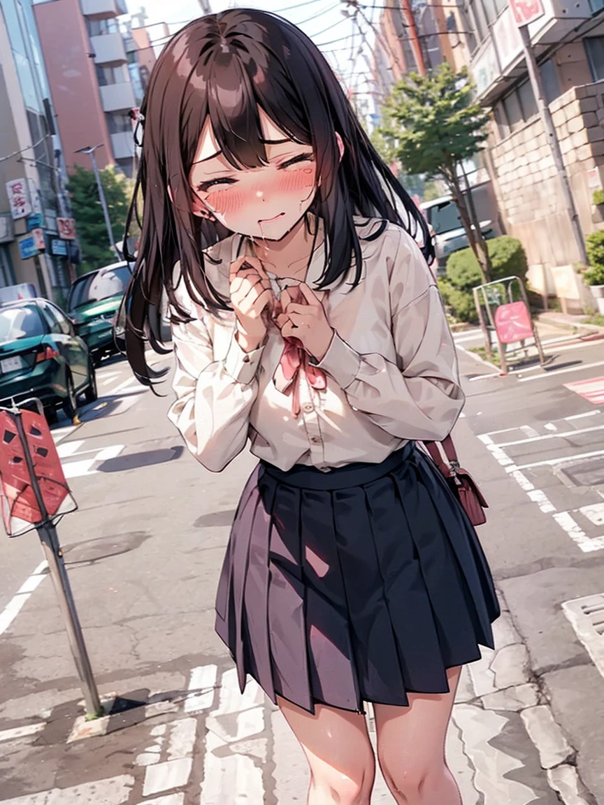 (((Pussy juice:1.5,blush))),Are standing, Navy Pleated Skirt, On the way to school, Crying face, blush