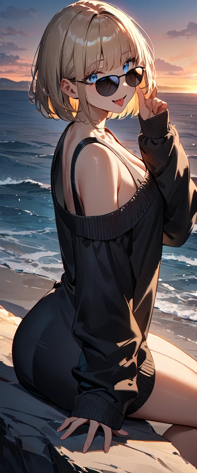 (((One girl))), (((looking back:1.3))), sea, beach, evening, Sunset, ((Sitting on a cliff)), (((from behind))), (((Bare legs))), ((aran sweater)), blond hair, open mouth, tongue out, ((sunglasses, hand to sunglasses)), (bob cut:1.3)), breasts, cleavage, (cowboy shot), standard body, (looking at viewer), oversized clothes, puffy long sleeves, collarbone, ((off-shoulder sweater dress:1.3, Quite thick shoulder straps)), (((sleeves past wrists:1.3))), ((black sweater)), teenager, head tilt:1.3, (((blue eye))), ((happy smile)), (((anime style))), (best quality, 4K, 8K, highres, masterpiece:1.2, ultra-detailed, ultra-detailed eyes, HDR, uhd, studio lighting, ultra-fine painting, sharp focus, physically-based rendering, extreme detail description, professional, vivid colors, bokeh), ((Highest quality, Best image quality, Ultra-high resolution, Ultra-high resolution, solo, Strong eye highlights)), Depth of written boundary, Natural soft light, attractive, Beautiful Face, Cleanliness, Pure Face, medium chest, Beautiful Face, Perfect Fingers, Perfect hands, Perfect body, Perfect Face, Shine a light into your eyes, Perfect Anatomy