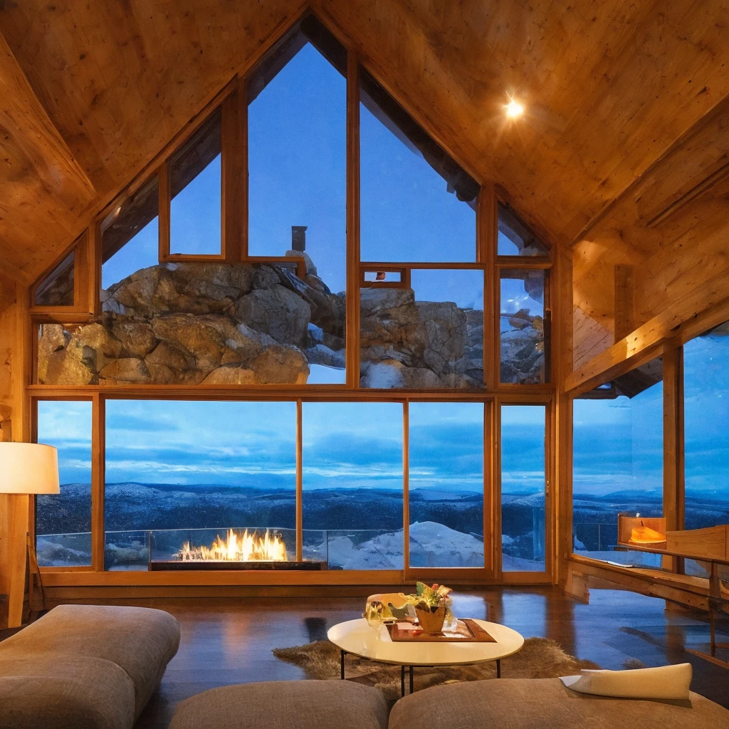 開放的な高級リビングから見るNight view、Aurora、fireplace、All the walls are glass、Night view、