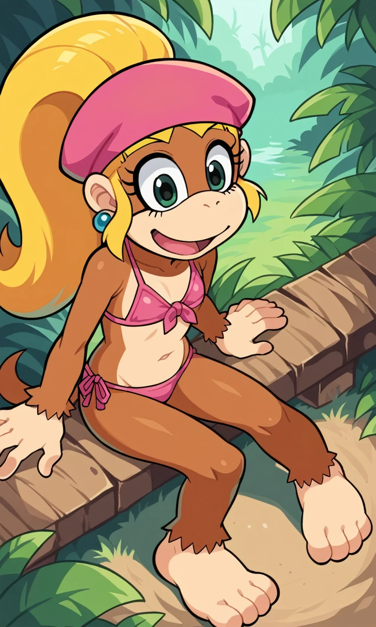 score_9,score_8_above,score_7_above BREAK solo female,_anime,furry,Dixie Kong,kong,3/4 viewers,SMILE,Open mouth,undulation,2D,exterior,jungle, flat chest, sitting, Bikini