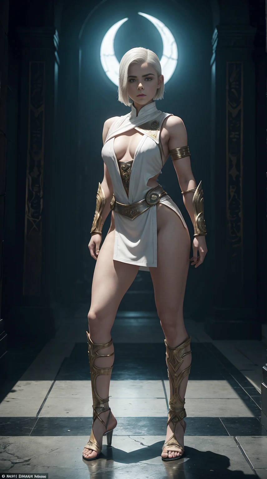 ((Full body photo, standing, feet on the floor)) Kiernan shipka, white one side shaved haircut, in mortal kombat Shao Kahn outfit, full body, provocative pose, cinematic, intricate details, ray tracing, hell background.