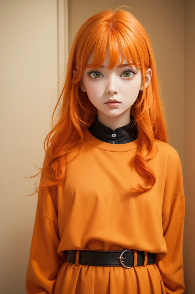 Expression anxiety orange hair green eye orange clothes girl version