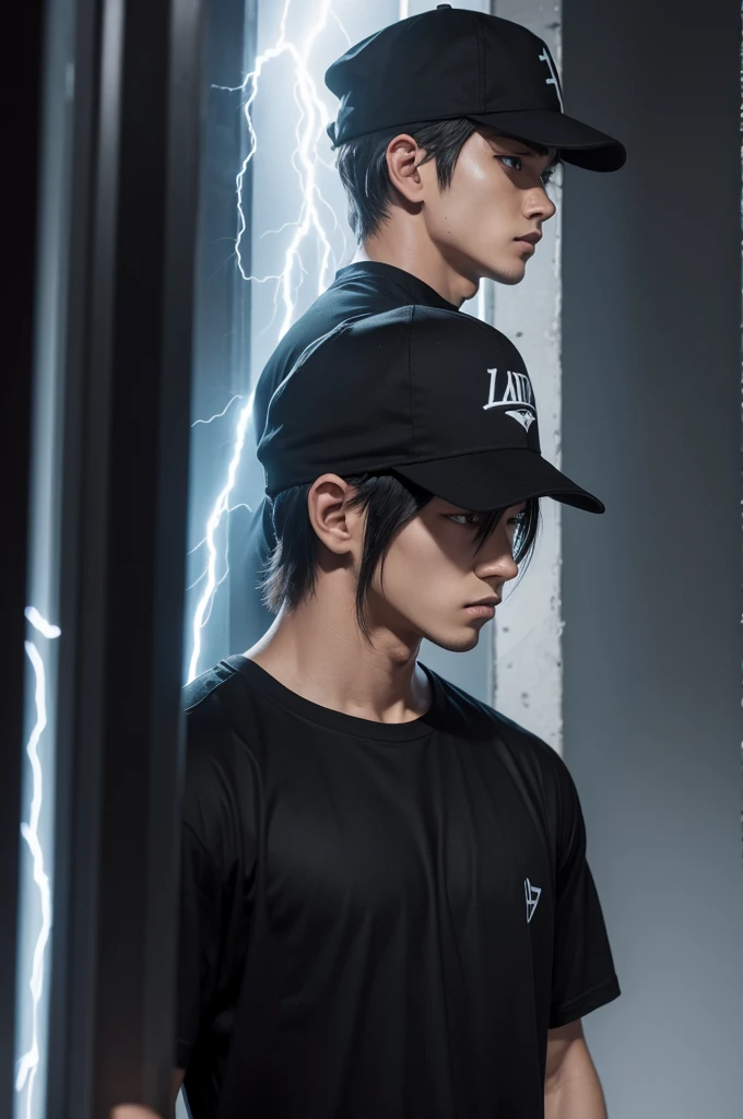 anime A strong guy with a black hat backwards looks out of lightning black t-shirt