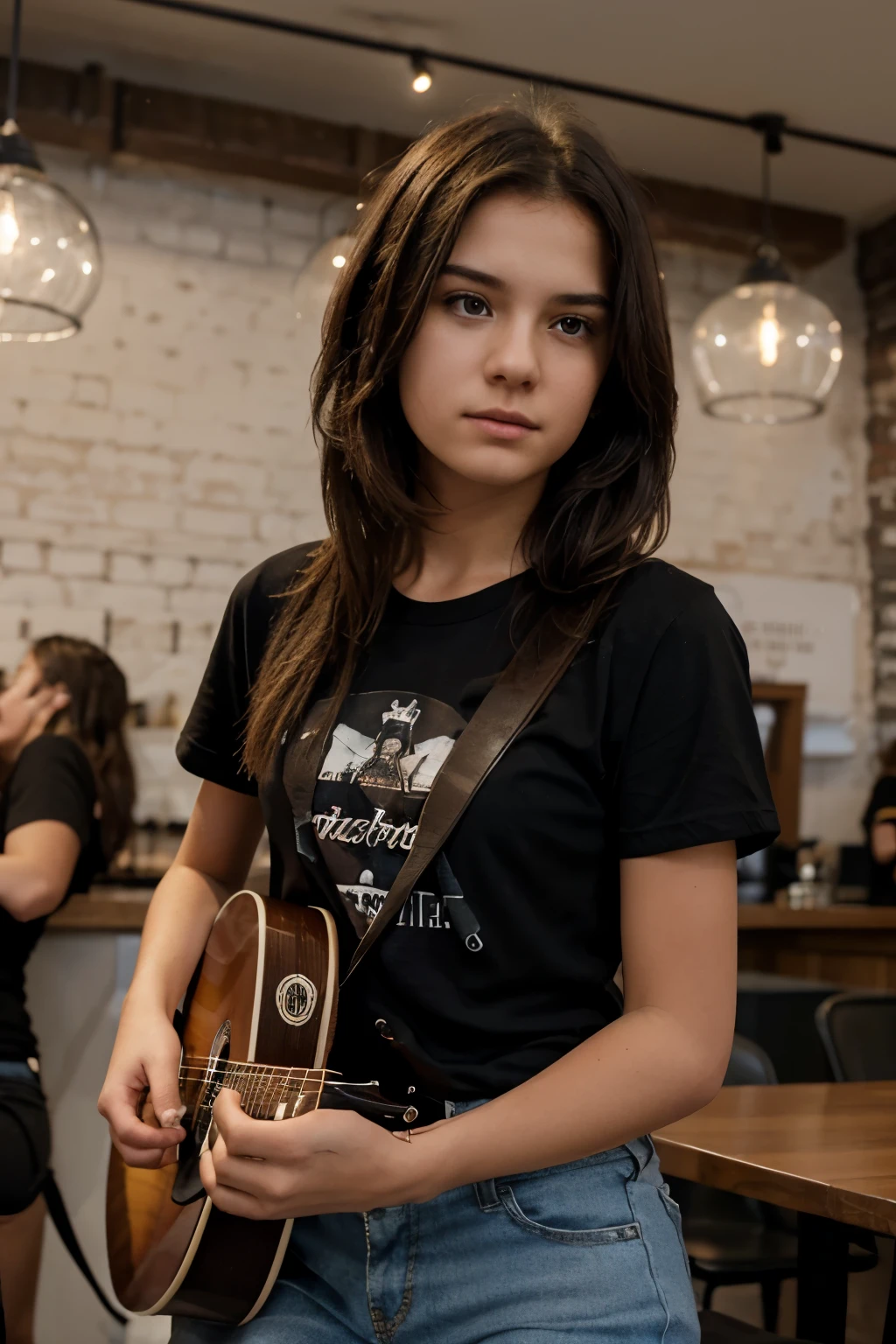 Create a realistic photo of a ager playing guitar, middle parted hair, wearing a black short-sleeved t-shirt that says Aliubay_, in a coffee shop