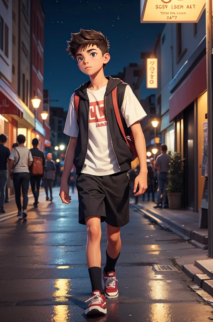 a age boy walking through the city at night