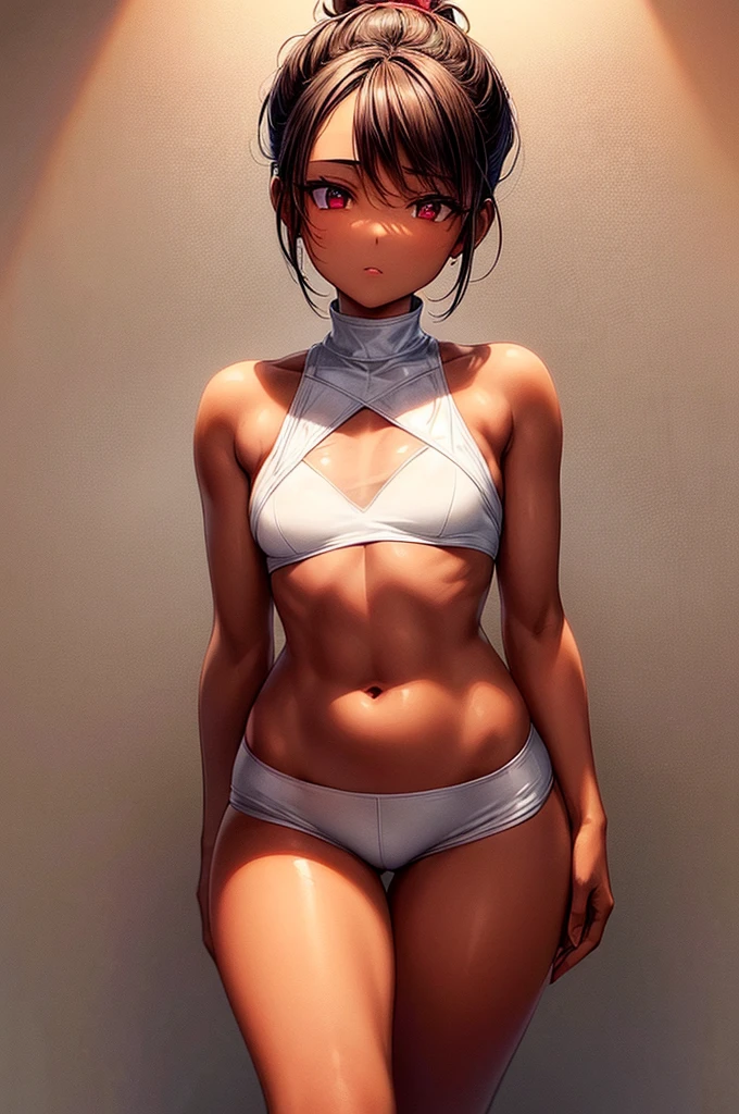((highest quality)),(ultra high resolution),(Super detailed),(detailed description),((best CG)),(best work of art),super precision art, great drawing art,(Art with precise details:1.5), (ung girl:1.5), beautiful and well-shaped face:1.5,(Beautiful skin with precise and detailed depiction:1.6)((best quality)) ((best quality)), ((masterpiece)), (detailed), 4k image, anime style, beautiful woman, fair caramel skin, symmetrical face, cherry pink plump lips, bloo eyes, African looks, fit athletic body, small breasts, toned thin slender body, slim waist, short height, sleek hair tied in a messy bun, sleek reddish-brown hair, wide hips, phoenix eyes, small nose, heart-shaped butt, simple sleeveless halter crop top with a pair of shorts, one girl only, full body image, back to the wall, one girl only, brown skin, doggy-style position, knee-length sheer white stockings