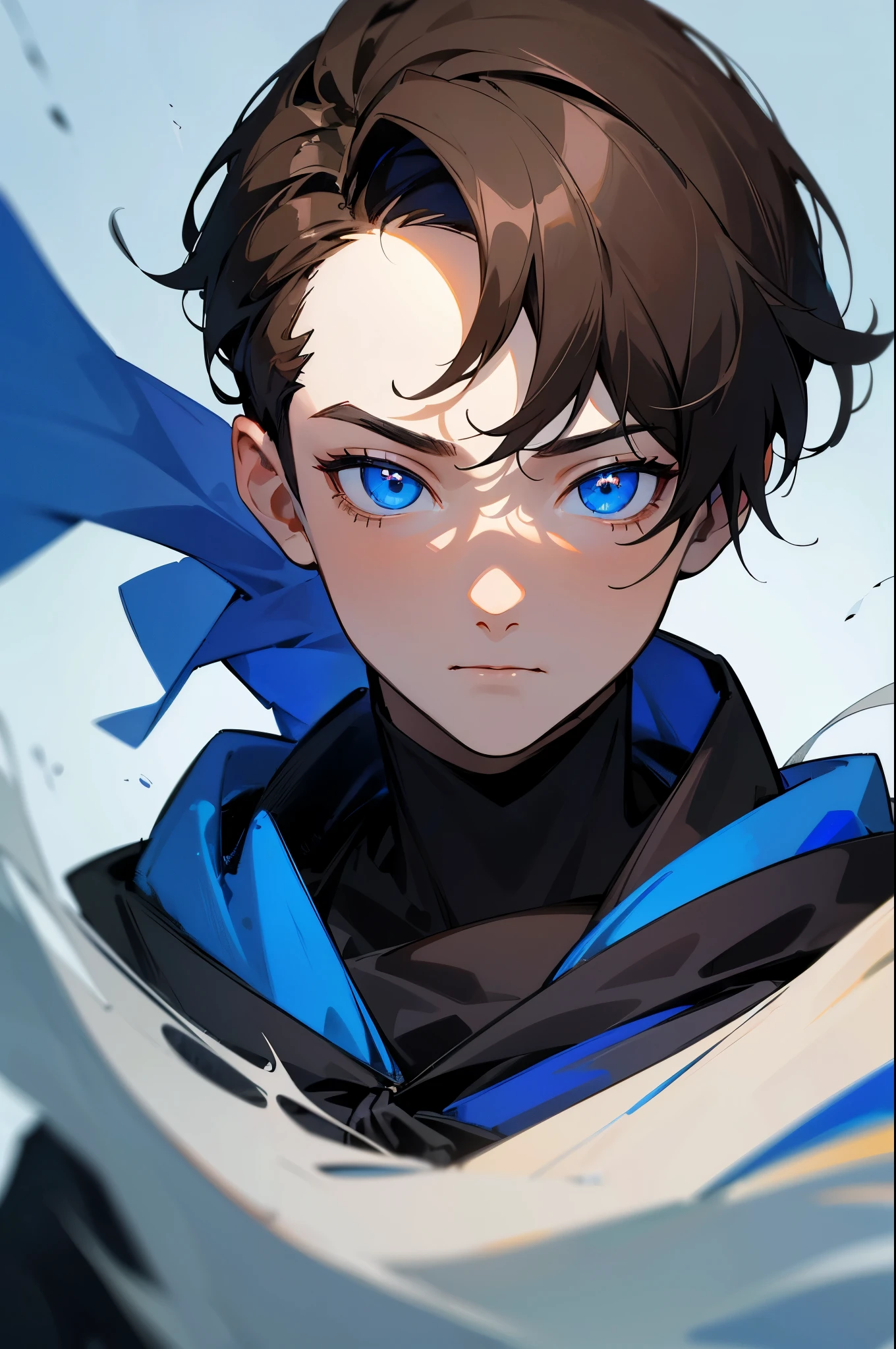 A boy with a black mask, wearing a black and blue hoodie, has captivating blue eyes. He wearing black gloves and has brown hair. The image of the highest quality, with 4k, 8k, high-resolution details, and can be considered a masterpiece. The image ultra-detailed, with a focus on capturing the intricate features of the boy's face and expression. The style of the artwork can be described as a portrait. The color palette dominated by shades of black and blue, creating a cool, mysterious atmosphere. The lighting carefully designed to emphasize the boy's eyes and facial features, with soft illumination highlighting the intricate details.