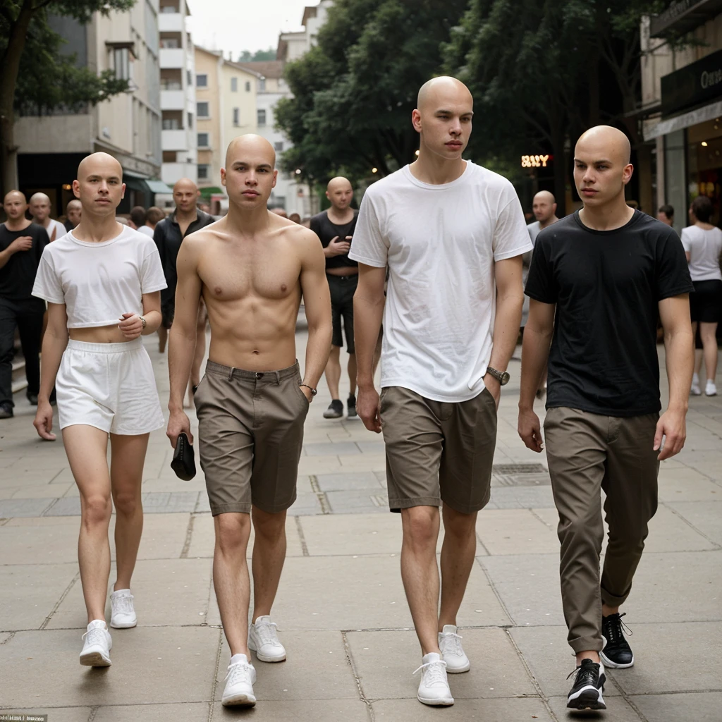 naughty man, age 25, Scrawny, offwhite, baldie, without hair, chic, walking in street, several people passing by him, desfocada 