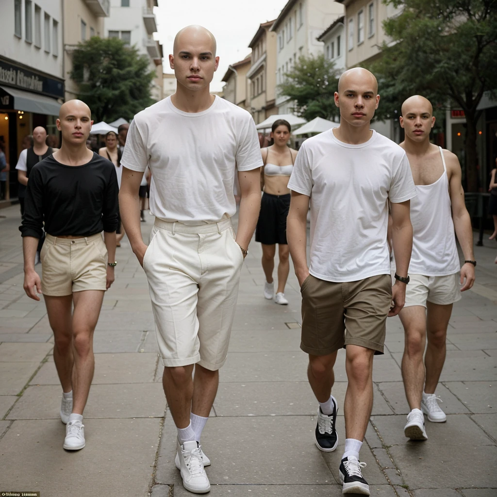 naughty man, age 25, Scrawny, offwhite, baldie, without hair, chic, walking in street, several people passing by him, desfocada