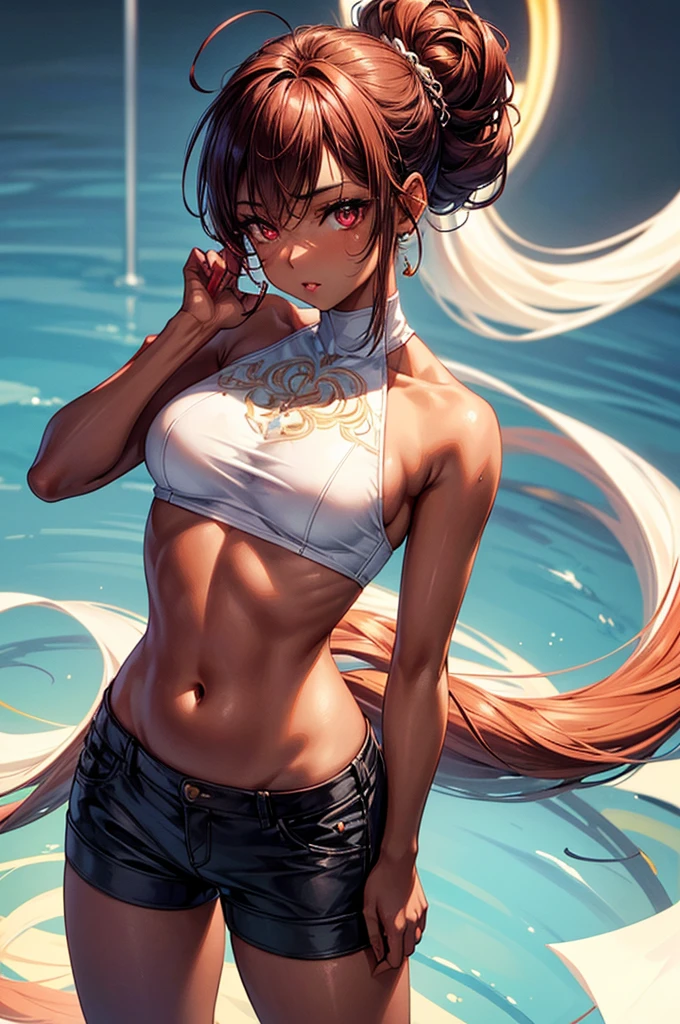 ((highest quality)),(ultra high resolution),(Super detailed),(detailed description),((best CG)),(best work of art),super precision art, great drawing art,(Art with precise details:1.5), (ung girl:1.5), beautiful and well-shaped face:1.5,(Beautiful skin with precise and detailed depiction:1.6)((best quality)) ((best quality)), ((masterpiece)), (detailed), 4k image, anime style, beautiful woman, fair caramel skin, symmetrical face, cherry pink plump lips, blood red eyes, African looks, fit athletic body, small breasts, toned thin slender body, slim waist, short height, sleek hair tied in a messy bun, sleek reddish-brown hair, wide hips, phoenix eyes, small nose, heart-shaped butt, simple sleeveless halter crop top with a pair of shorts, one girl only, full body image, back to the wall, one girl only, brown skin, doggy-style position, knee-length sheer white stockings