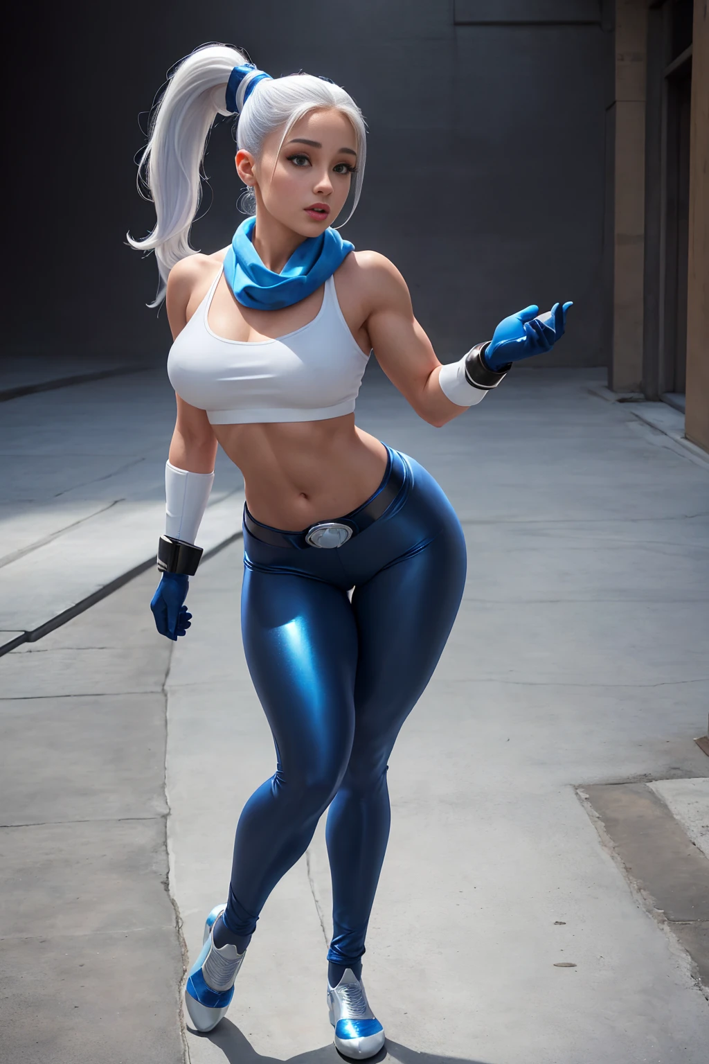 ((Full body photo, standing, feet on the floor)) ( Masterpiece, 4k resolution, ultra-realistic, very detailed) sexy Sexy Ariana Grande beautiful superheroine, has ice powers, white hair ponytail , white scarf around her neck, back midriff with blue outlines and a snowflake symbol on her right, has black gloves with fur on her the wrist part, wears black tight pants, with a blue belt, blue lines () full body in the style of realism, glistening skin, , natural lighting, Defined full lips. fitness feminine body. portrait photography by artgerm, in the style of realism, glistening skin, , natural lighting, Defined full lips. Muscular fitness feminine body,