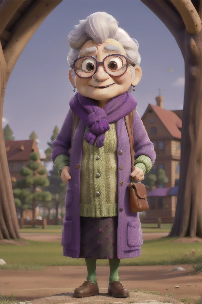 masterpiece, best quality, an old woman with glasses and a scarf on, wearing a purple coat and green scarf, standing at the park