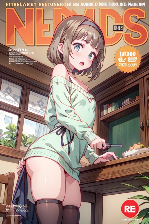 (small breasts:1.2), (perky chest:1.1), (pointed chest:1.0), (hand gun magazine cover:1.3),(from below:1.2),(from side:0.9),masterpiece, 1girl, Amazing Cleavage:1.1, thin waist, big ass, Raised sexy, small breast: 1.2, posed cleavage:1.2、solo, open mouth, have a cute grass of cute beergrass,black hair, dark green eyes, dress, bare shoulders, jewelry, collarbone, sidelocks, hairband, earrings, indoors, off shoulder, sweater, arms behind back, plant, short hair with long locks, gild hairband, sweater dress:1.2, off-shoulder sweater, red sweater, dark gord hair, big side hair, very long side hair,is rendered in (masterpiece: 1.2, best quality), with (ultra high resolution) and an exquisite (depth of field). This masterpiece is not only visually stunning but also tells,A scene of cooking in the kitchen by classroom ,looking at viewer,