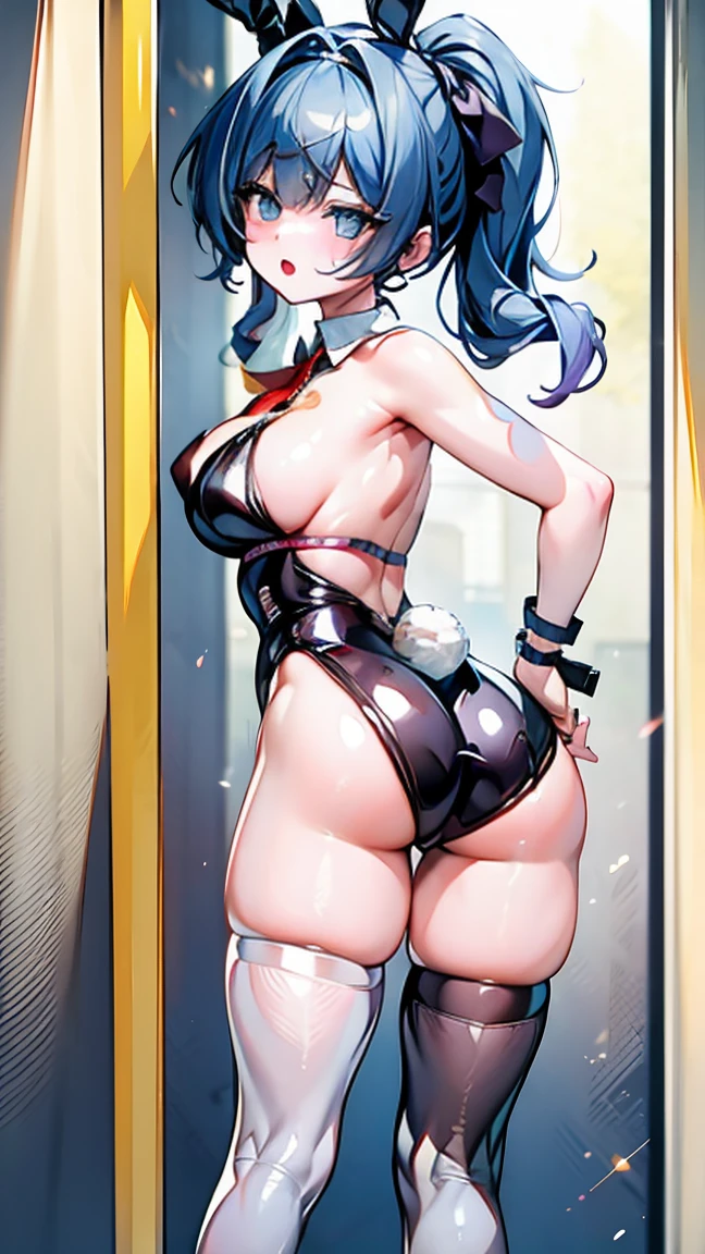 hatsune miku Rabbit hole, Thin anime girl with thin hips and well-defined buttocks but proportional to her thin body with blue hair wearing a sexy bunny suit with somewhat large gray bunny ears and two black bows with white stripes in each ponytail of her hair on her back., with a white collar on his neck, with the ass open and the Asian hip on one side, dancing on a pole moving her hips from one side to the other, The girl is tied by both hands to the pipe with police handcuffs which have her tied to the pipe. , with somewhat transparent black tights that show the color of her legs with a white bunny tail and lingerie-type underwear Rear perspective image