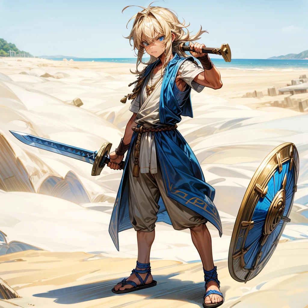 1boys, Full body version, 1character, blue eyes, Tan skin, long Shaggy hairstyle, blonde colour hair, angry expression, ancient Greek clothing, blue colour clothing, ancient Greek sandals, wood sword in hand, small shield wood in hand, wood armor vest, Grassroots background in beach