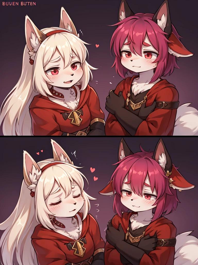 Yellow fox boy and yellow fox girl,Couple,Coupling,I'm dating, 4k quality,High resolution, Holding hands,kiss,Drooling, Wearing a red collar,Feelings of love,Cute Face, Dog crying in bed Doghouse life,narrow,They are connected together by a collar lead,I feel happy now.!Being scolded,A secret time just for the two of us!Heart symbol