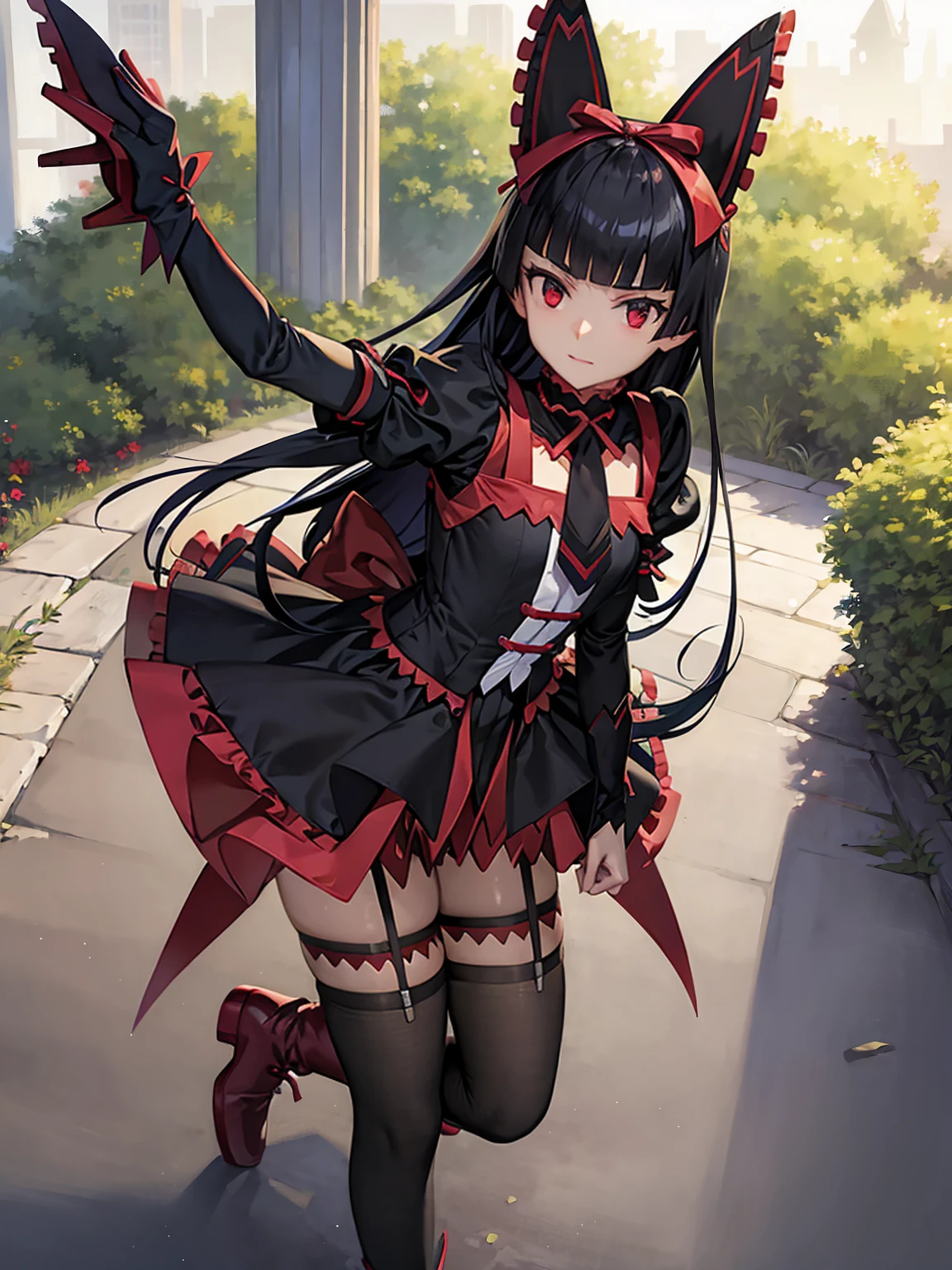 (masterpiece, best quality), rory_mercury, gothic fashion, gothic, black thighhighs, garter straps, dress, (Realistic painting style:0.9), masterpiece, best quality, absurdres, looking at viewer, no pupils,(detailed eyes), (detailed face), perfect face, smile , standing, outdoor, garden