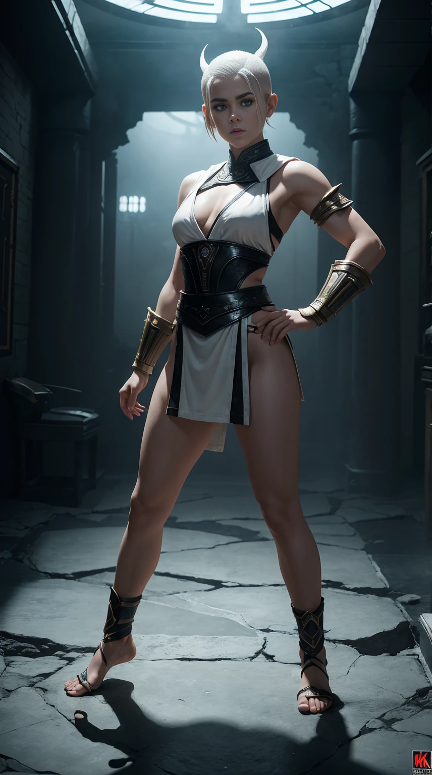 ((Full body photo, standing, feet on the floor)) Kiernan shipka, white one side shaved haircut, in mortal kombat Shao Kahn outfit, full body, provocative pose, cinematic, intricate details, ray tracing, hell background.