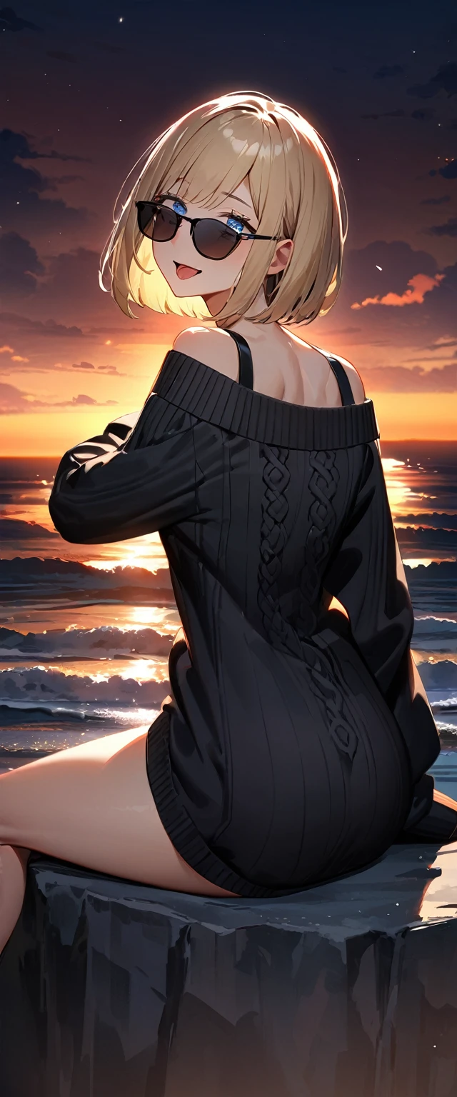 (((One girl))), (((looking back:1.3))), sea, beach, evening, Sunset, ((Sitting on a cliff)), (((from behind))), (((Bare legs))), ((aran sweater)), blond hair, open mouth, tongue out, ((sunglasses, hand to sunglasses)), (bob cut:1.3)), breasts, cleavage, (cowboy shot), standard body, (looking at viewer), oversized clothes, puffy long sleeves, collarbone, ((off-shoulder sweater dress:1.3, Quite thick shoulder straps)), (((sleeves past wrists:1.3))), ((black sweater)), teenager, head tilt:1.3, (((blue eye))), ((happy smile)), (((anime style))), (best quality, 4K, 8K, highres, masterpiece:1.2, ultra-detailed, ultra-detailed eyes, HDR, uhd, studio lighting, ultra-fine painting, sharp focus, physically-based rendering, extreme detail description, professional, vivid colors, bokeh), ((Highest quality, Best image quality, Ultra-high resolution, Ultra-high resolution, solo, Strong eye highlights)), Depth of written boundary, Natural soft light, attractive, Beautiful Face, Cleanliness, Pure Face, medium chest, Beautiful Face, Perfect Fingers, Perfect hands, Perfect body, Perfect Face, Shine a light into your eyes, Perfect Anatomy