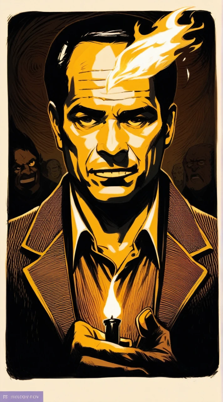 Increasing the sharpness of the facial features, drowning its details in complete darkness, making half of the face light and the other half dark, and hiding the flame on top of the head.