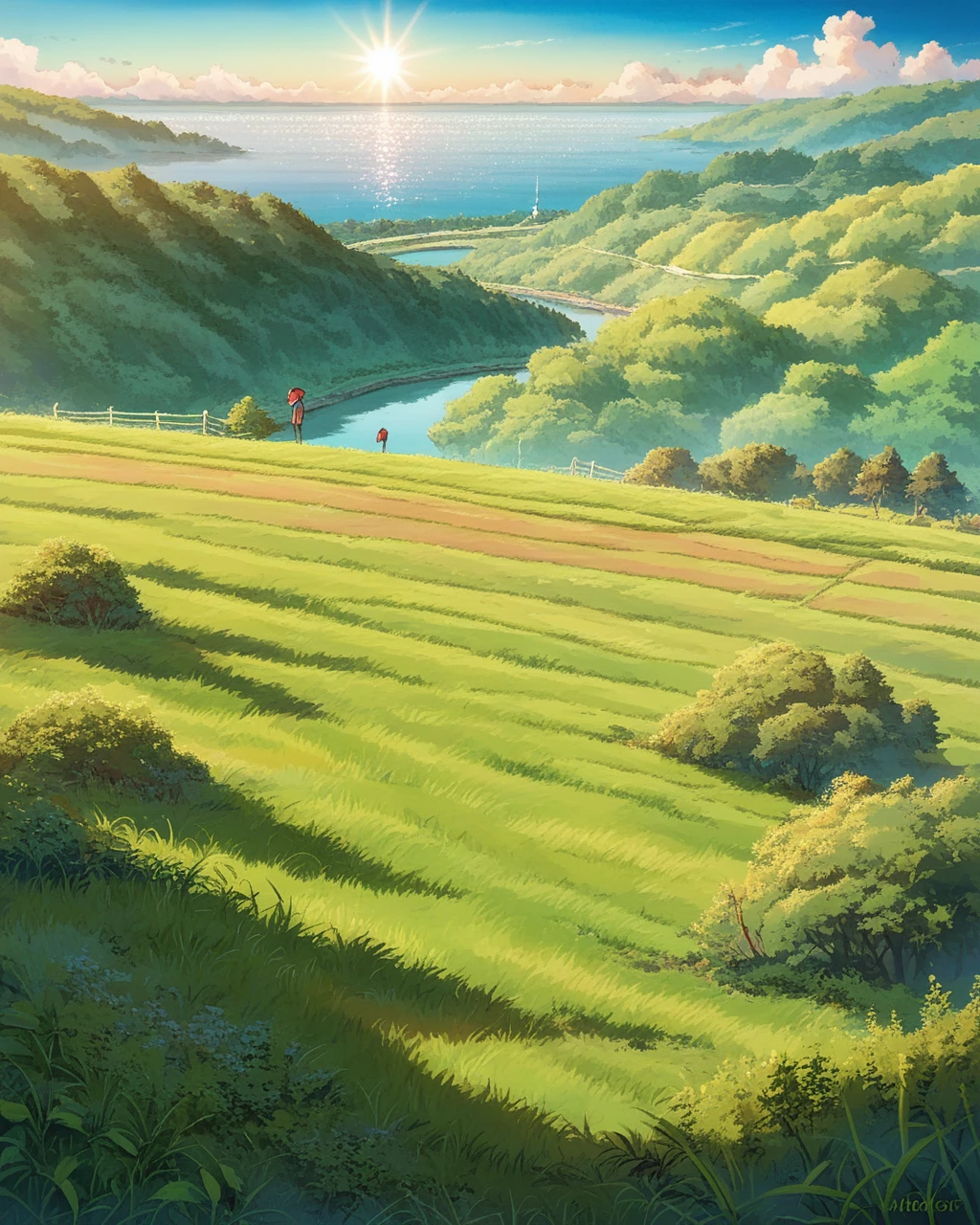 Background painting, summer countryside, grass and trees, waterways, summer sky and incoming clouds, clear contrast between sun and shadow, 8KHDR