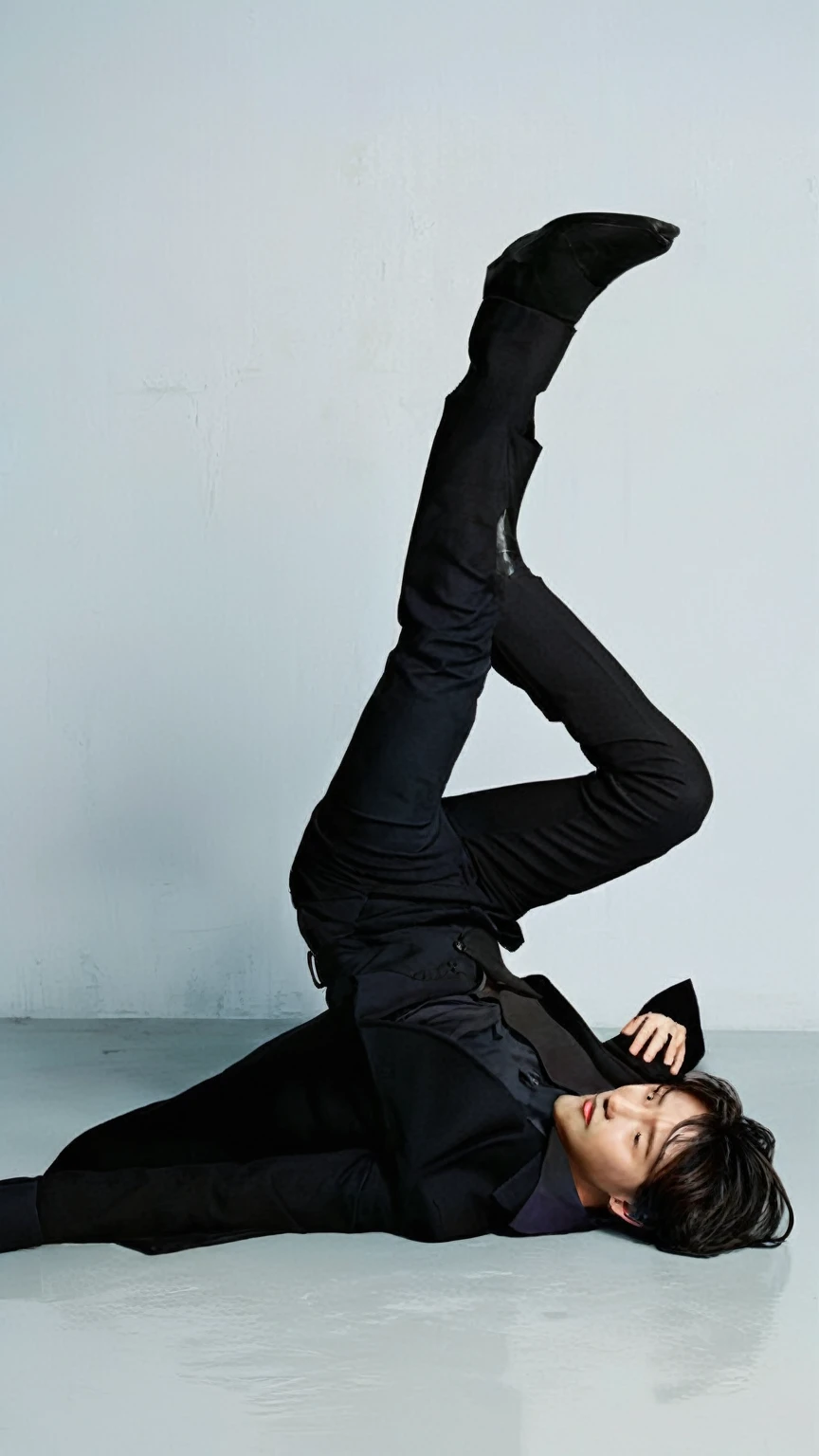 there is a man in a suit laying on the floor with his legs up, distorted pose, very cool pose, dramatic floating pose, awesome pose, really cool pose, extreme pose, dramatic powerful pose, very artistic pose, elegant floating pose, in an action pose, perfect dynamic pose, posing like a falling model, keanu reeves, dramatic imposing pose, adam driver chico, jungkook, realista ,obra maestra, mejor calidad, expresión seria, cara seria, chico, hombre coreano, alta resolución, retrato, foto_luz, pelo oscuro, pelo negro, escena oscura