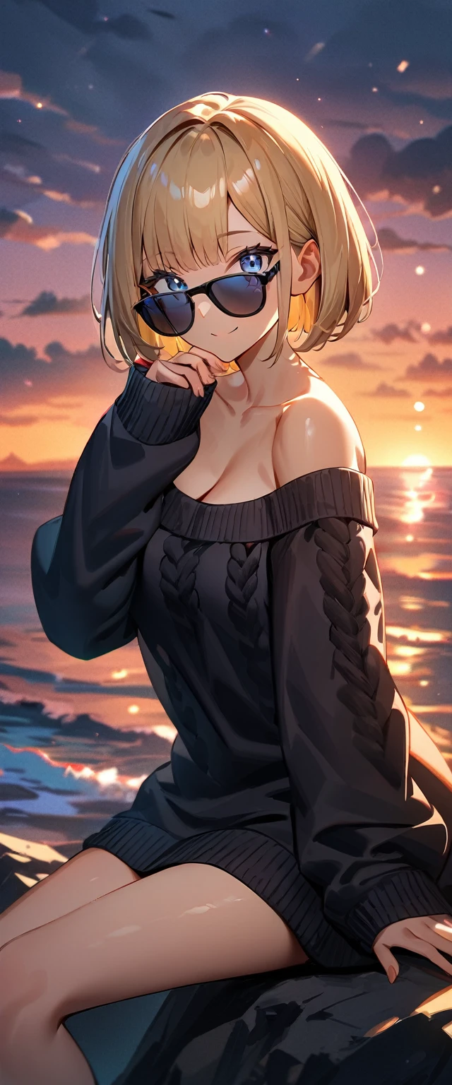 (((One girl))), (((looking back:1.3))), sea, beach, Sunset, evening, ((Sitting on a cliff)), (((from behind))), (((Bare legs))), ((aran sweater)), blond hair, ((sunglasses, hand to sunglasses)), (bob cut:1.3)), breasts, cleavage, (cowboy shot), standard body, (looking at viewer), oversized clothes, puffy long sleeves, collarbone, ((off-shoulder sweater dress:1.3, Quite thick shoulder straps)), (((sleeves past wrists:1.3))), ((black sweater)), teenager, head tilt:1.3, (((blue eye))), ((happy smile)), (((anime style))), (best quality, 4K, 8K, highres, masterpiece:1.2, ultra-detailed, ultra-detailed eyes, HDR, uhd, studio lighting, ultra-fine painting, sharp focus, physically-based rendering, extreme detail description, professional, vivid colors, bokeh), ((Highest quality, Best image quality, Ultra-high resolution, Ultra-high resolution, solo, Strong eye highlights)), Depth of written boundary, Natural soft light, attractive, Beautiful Face, Cleanliness, Pure Face, Nedium chest, Beautiful Face, Perfect Fingers, Perfect hands, Perfect body, Perfect Face, Shine a light into your eyes, Perfect Anatomy