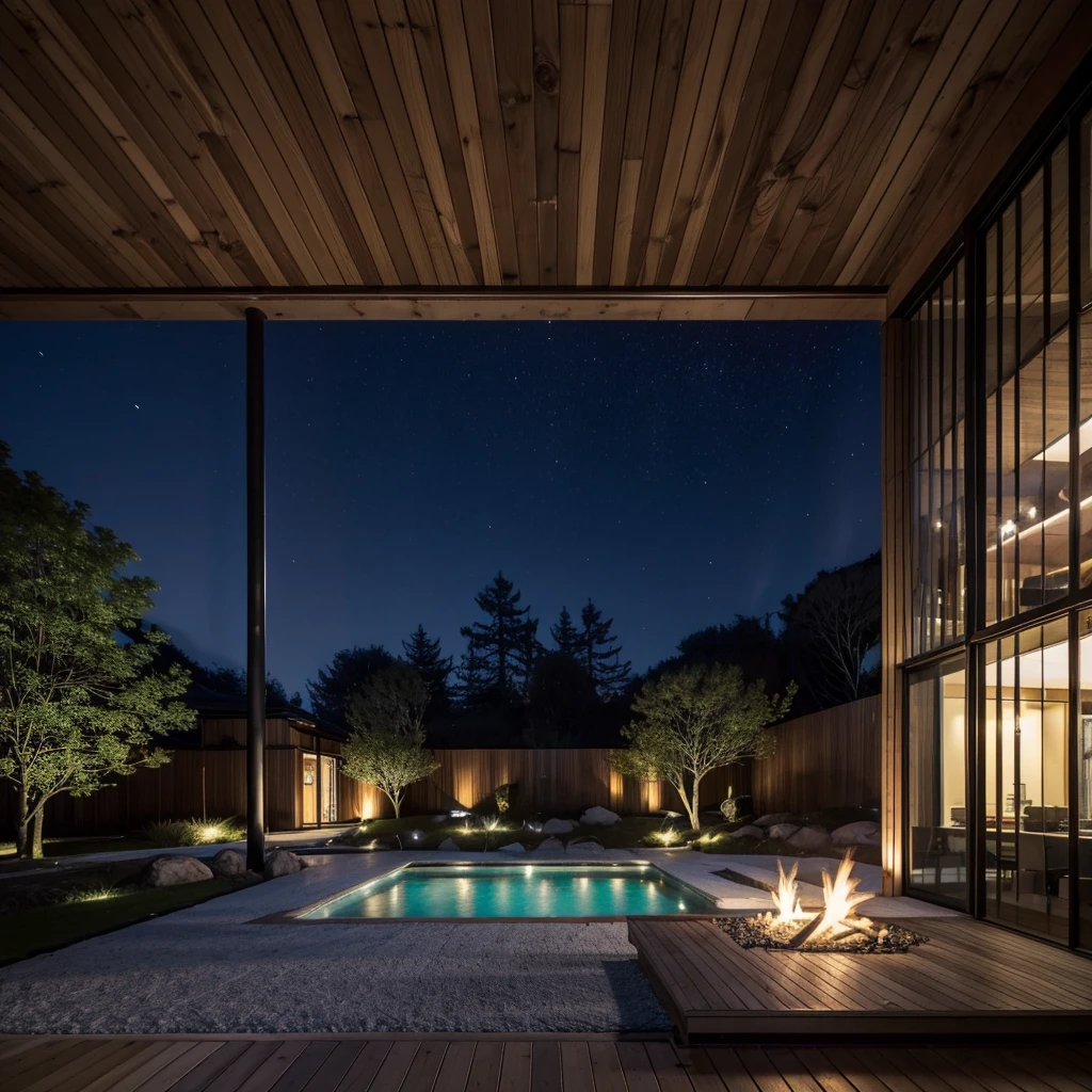 開放的な高級リビングから見るNight view、Aurora、fireplace、All the walls are glass、Night view、