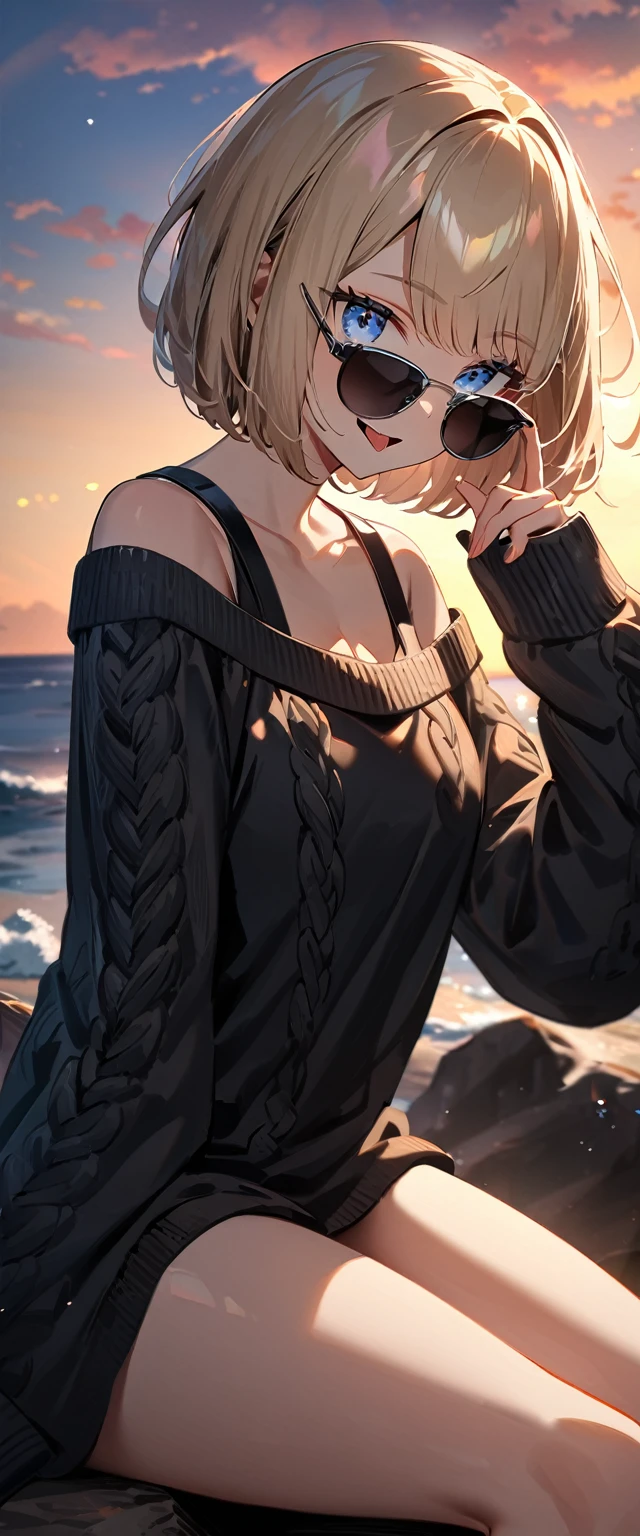 (((One girl))), (((looking back:1.3))), sea, beach, evening, Sunset, ((Sitting on a cliff)), (((from behind))), (((Bare legs))), ((aran sweater)), blond hair, open mouth, tongue out, ((sunglasses, hand to sunglasses)), (bob cut:1.3)), breasts, cleavage, (cowboy shot), standard body, (looking at viewer), oversized clothes, puffy long sleeves, collarbone, ((off-shoulder sweater dress:1.3, Quite thick shoulder straps)), (((sleeves past wrists:1.3))), ((black sweater)), ager, head tilt:1.3, (((blue eye))), ((happy smile)), (((anime style))), (best quality, 4K, 8K, highres, masterpiece:1.2, ultra-detailed, ultra-detailed eyes, HDR, uhd, studio lighting, ultra-fine painting, sharp focus, physically-based rendering, extreme detail description, professional, vivid colors, bokeh), ((Highest quality, Best image quality, Ultra-high resolution, Ultra-high resolution, solo, Strong eye highlights)), Depth of written boundary, Natural soft light, attractive, Beautiful Face, Cleanliness, Pure Face, medium chest, Beautiful Face, Perfect Fingers, Perfect hands, Perfect body, Perfect Face, Shine a light into your eyes, Perfect Anatomy