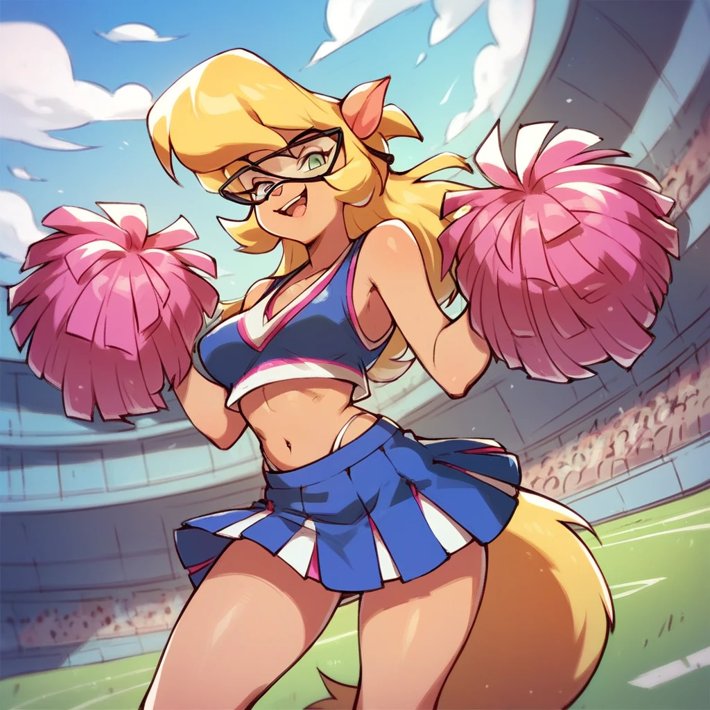 Callie briggs, 1girl solo, outdoors, high school football field, looking at viewer, front view, dancing, cheerleader, pink cheerleading outfit, sleeveless top, white thong, pom-poms