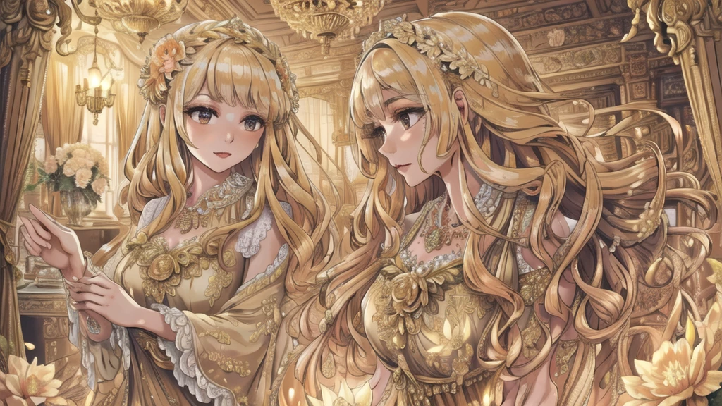a beautiful young woman in a long vintage dress, exquisite detailed facial features, flowing hair, elegant posture, a grand old-fashioned house interior, a large ornate golden piano, lush flowers and greenery, masterpiece, highly detailed, cinematic lighting, warm color palette, Renaissance style