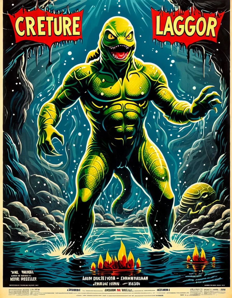 High-resolution, vintage, retro-style movie poster, 1954 horror film, Creature from the Black Lagoon, classic monster, underwater, 3D stereoscopic effect, black and white, hand-drawn art, iconic movie poster, gripping atmosphere, creepy creature, classic horror, Universal Pictures, distressed texture, film title, detailed illustration, breathtaking, captivating, poster art, artistic rendering, vintage font, vintage paper, horror movie, suspenseful, vintage design, terror, unforgettable poster, cult classic, eerie ambiance