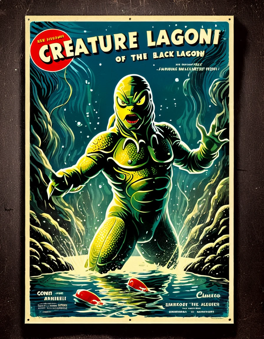 High-resolution, vintage, retro-style movie poster, 1954 horror film, Creature from the Black Lagoon, classic monster, underwater, 3D stereoscopic effect, black and white, hand-drawn art, iconic movie poster, gripping atmosphere, creepy creature, classic horror, Universal Pictures, distressed texture, film title, detailed illustration, breathtaking, captivating, poster art, artistic rendering, vintage font, vintage paper, horror movie, suspenseful, vintage design, terror, unforgettable poster, cult classic, eerie ambiance