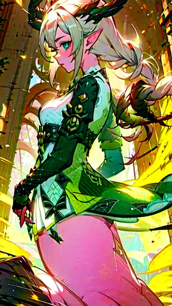 (Masterpiece, Best Quality:1.2), 1 girl, just1bad, reference sheet, matching suit, (Fantasy character design., front angles, lateral angles, rear angles) Lyrion, charming, friendly, persuasive, intelligent. medium height elf, Long silver hair that cascaded to her shoulders., pointy ears. Emerald green eyes with a mischievous glow, slim build, adorned in colorful clothing worthy of a wandering bard.