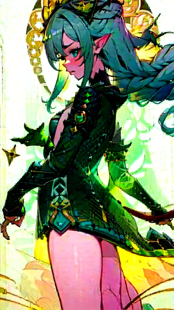 (Masterpiece, Best Quality:1.2), 1 girl, just1bad, reference sheet, matching suit, (Fantasy character design., front angles, lateral angles, rear angles) Lyrion, charming, friendly, persuasive, intelligent. medium height elf, Long silver hair that cascaded to her shoulders., pointy ears. Emerald green eyes with a mischievous glow, slim build, adorned in colorful clothing worthy of a wandering bard.