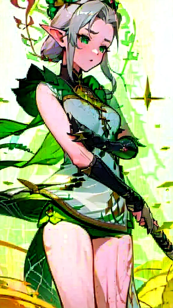 (Masterpiece, Best Quality:1.2), 1 girl, just1bad, reference sheet, matching suit, (Fantasy character design., front angles, lateral angles, rear angles) Lyrion, charming, friendly, persuasive, intelligent. medium height elf, Long silver hair that cascaded to her shoulders., pointy ears. Emerald green eyes with a mischievous glow, slim build, adorned in colorful clothing worthy of a wandering bard.