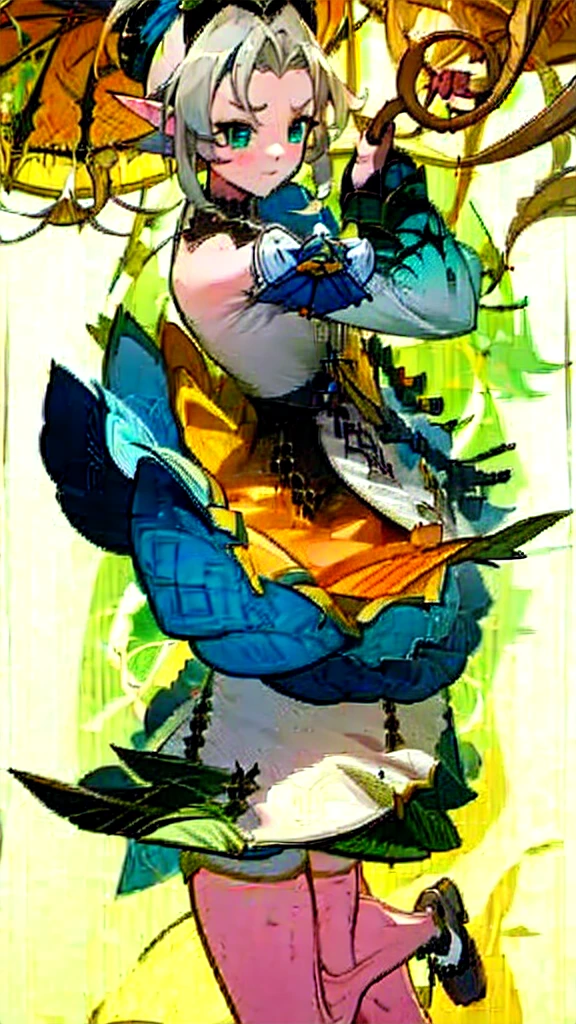 (Masterpiece, Best Quality:1.2), 1 girl, just1bad, reference sheet, matching suit, (Fantasy character design., front angles, lateral angles, rear angles) Lyrion, charming, friendly, persuasive, intelligent. medium height elf, Long silver hair that cascaded to her shoulders., pointy ears. Emerald green eyes with a mischievous glow, slim build, adorned in colorful clothing worthy of a wandering bard.