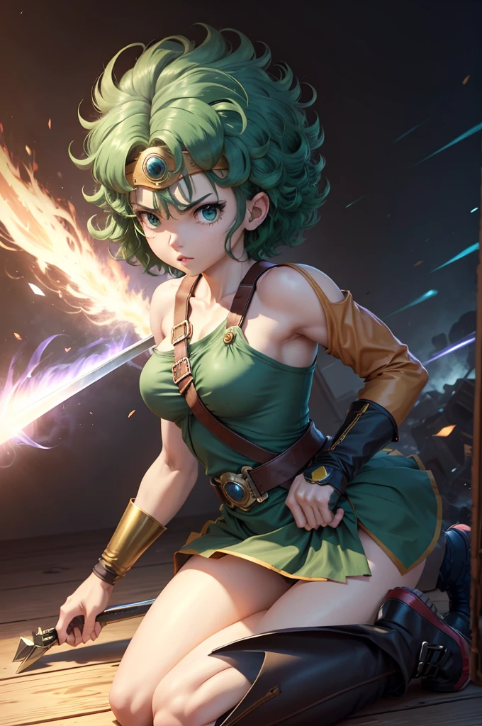 Anime Artwork Anime Artwork Masterpiece,most、high quality, Unreal Engine, Ultra-high resolution, Very detailed丸い胸, 1 person with medium chest,  Waist, thin,(Muscular:0.9)
 heroine, 
Circlet, Curly Hair, Green Hair, short hair, Asymmetrical clothing, leotard, belt, One-handed gloves, Single Sleeve, Single Thigh High Cave, Holding a sword, . Anime Style, Key Visual, Vibrant, Studio Anime,  Very detailed、be attacked by fire by the enemy.　I'm running out of life. ragged equipment. kneel on one knee. be attacked with a sword